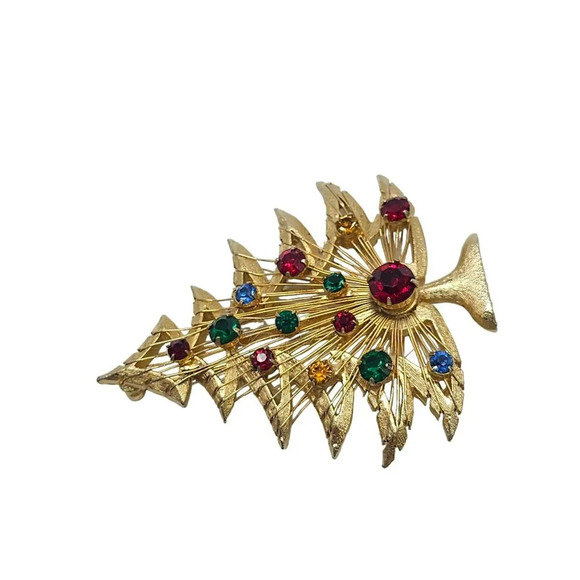 Brooks Textured Multicolor Rhinestone Christmas Tree Brooch Pin Gold Tone VTG - Picture 2 of 5